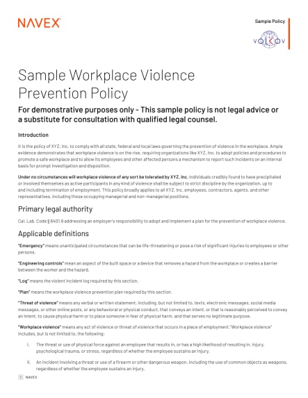 California Workplace Violence Prevention Sample Policy