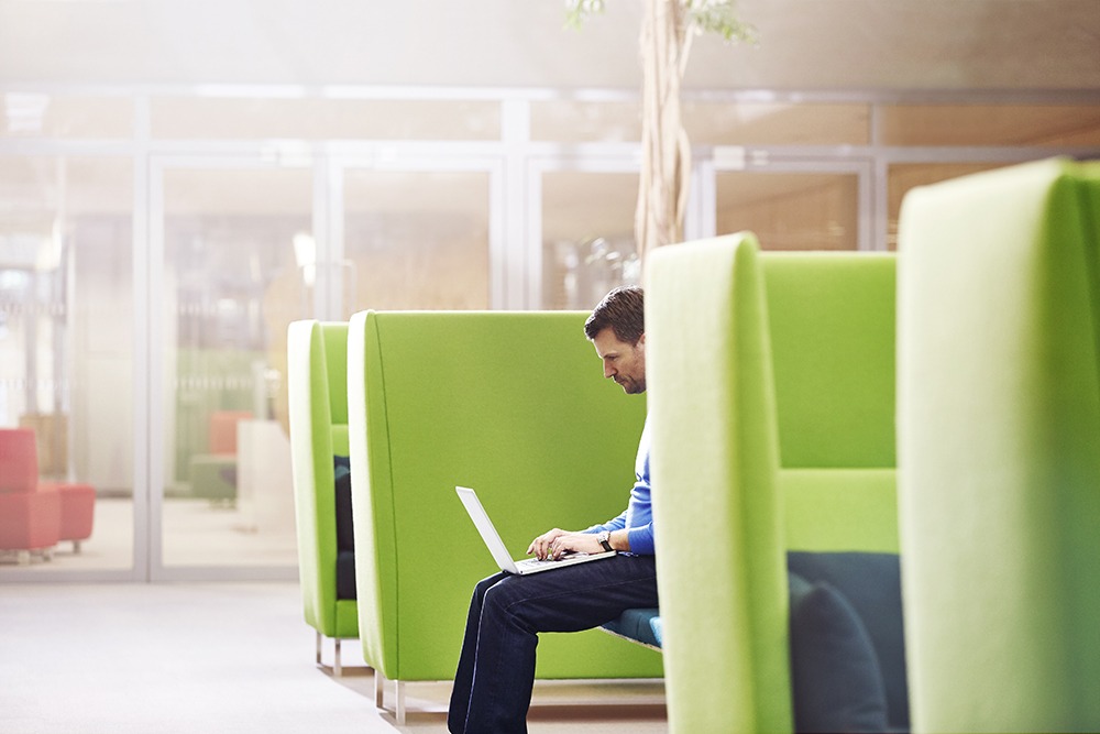 Man sitting in green office cubicle on laptop