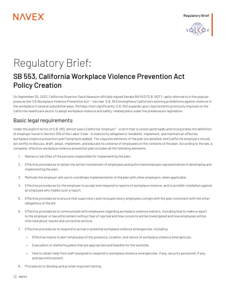 Regulatory Brief: SB 553 California Workplace Violence Prevention Act Policy Creation