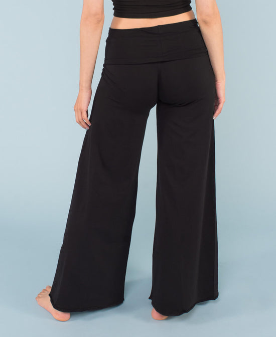 Organic Roll-Top Flowy Pants - Black - Black Flowy Pants | Boho Palazzo Pants | Soul Flower