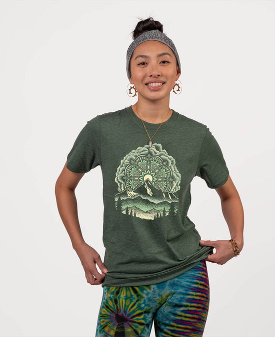 Summit Solstice Mandala Recycled T-Shirt - Unisex - Mountain Mandala T-Shirt | Green Recycled Tee | Soul Flower Women