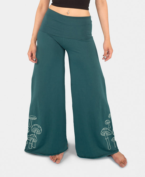 Mushrooms Flowy Pants in Teal - Mushroom Pants | Bohemian Pants | Soul Flower