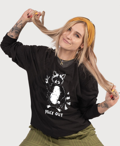 Peace Out Raccoon on Long Sleeve T-Shirt in Black - Peace Out Long Sleeve Tee | Unisex Hippie Shirt | Soulflower Women
